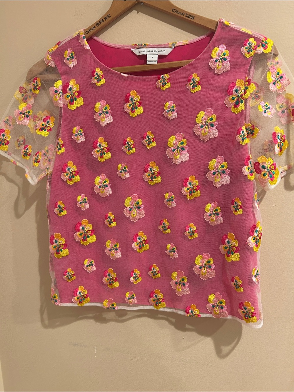 Diane Von Furstenberg Pink Floral Appliqué Mesh Blouse
